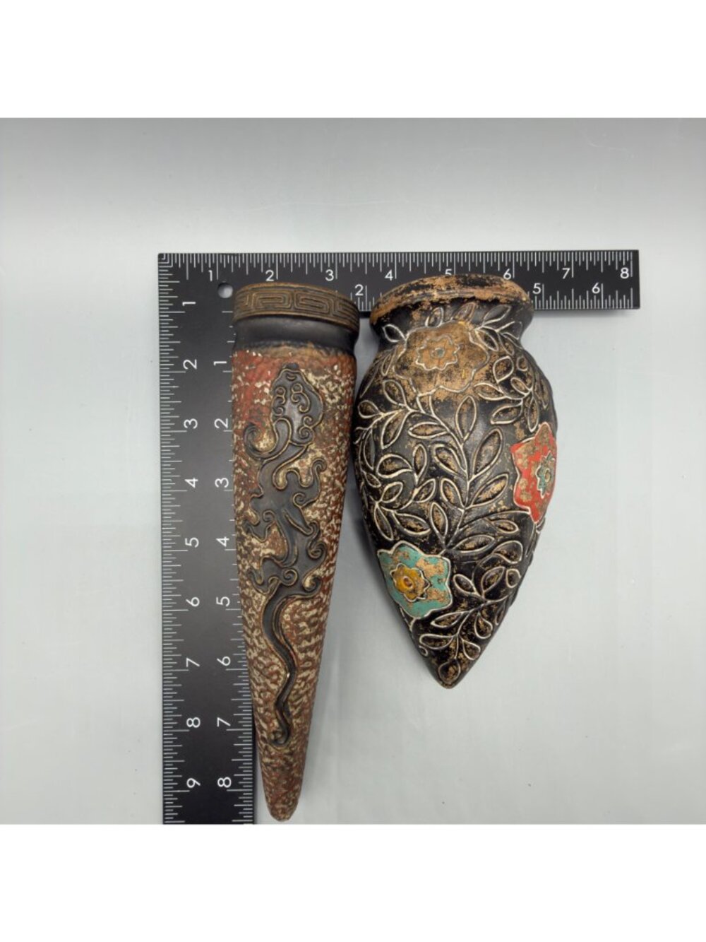 2 Vintage Tokanabe Japanese Pottery Wall Pocket Vase Black Dragon Floral Pair - Picture 5 of 8